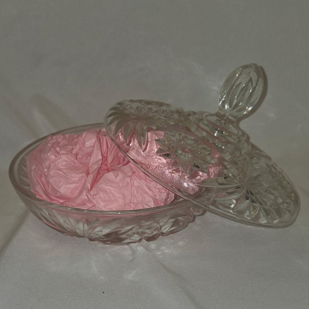 Clear Pressed Glass Starburst Lidded Bowl w/ Lid Round Decorative 2-Piece